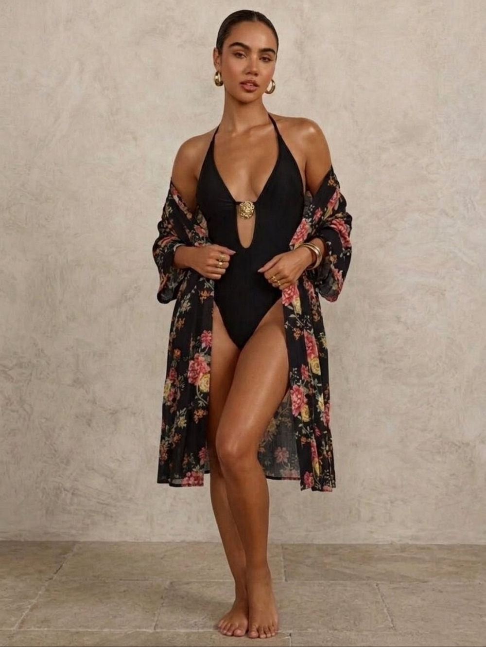 F21 Floral Long Open Front Kimono Cardigan Swimsuit Cover-Up M